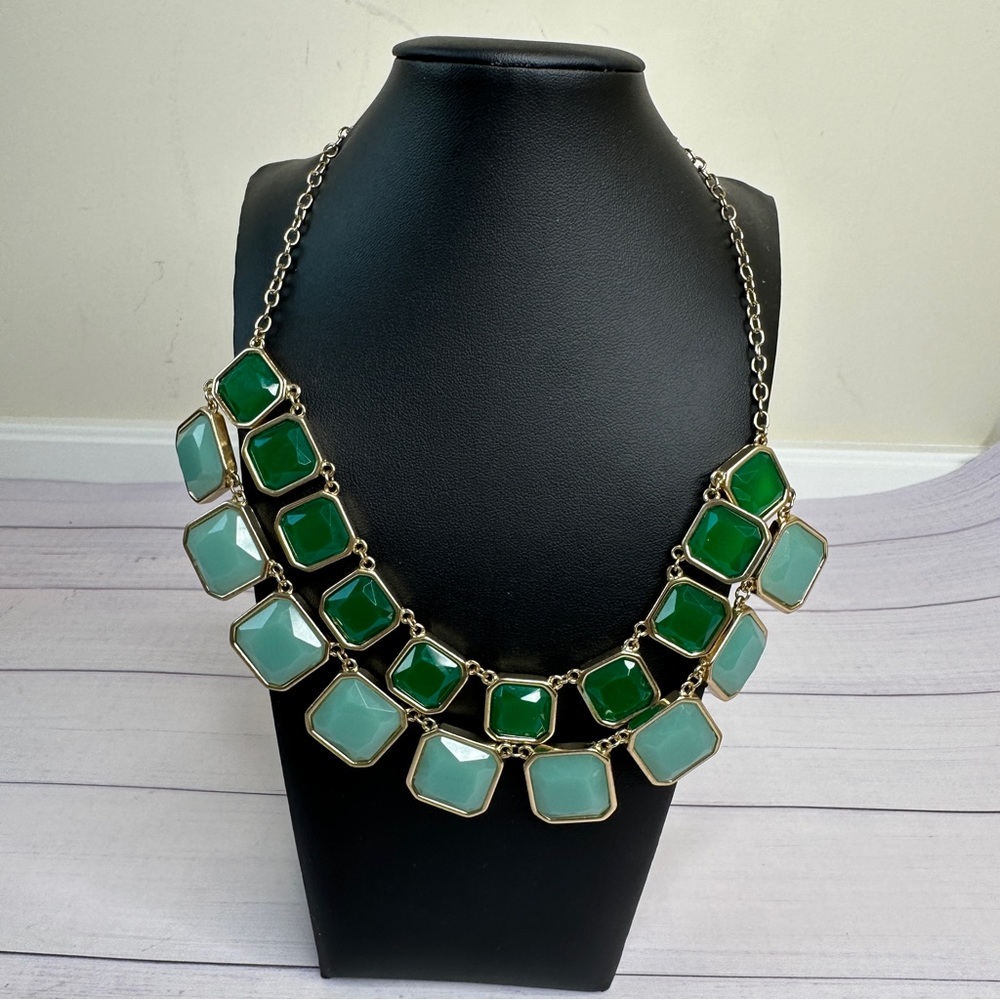Gold toned bib Kate Spade statement necklace, green gems, VGUC